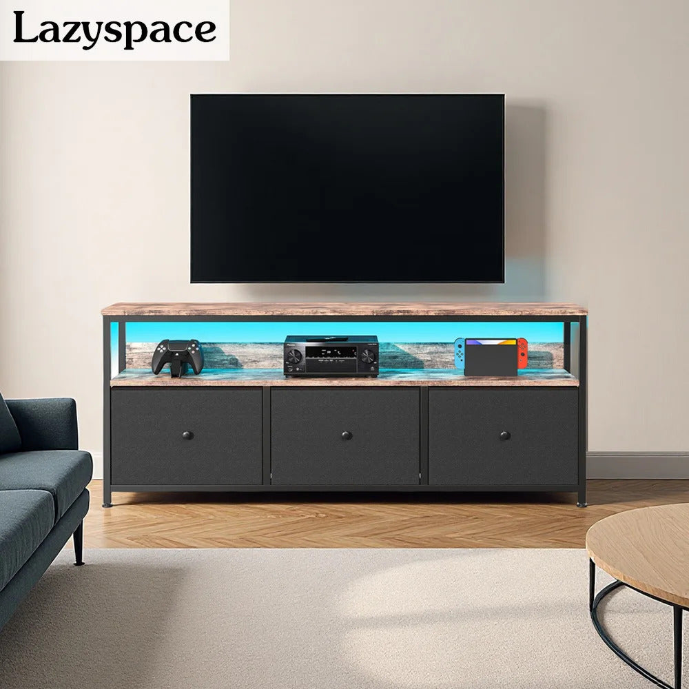 ТВ шкаф Lazyspace с LED осветление, скрин с чекмеджета от плат, ретро нисък шкаф за съхранение, многофункционален за всекидневна