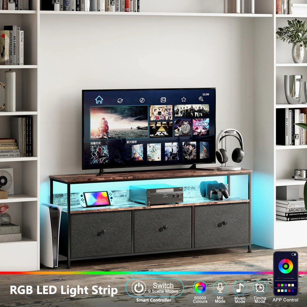 ТВ шкаф Lazyspace с LED осветление, скрин с чекмеджета от плат, ретро нисък шкаф за съхранение, многофункционален за всекидневна