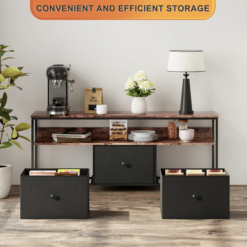 ТВ шкаф Lazyspace с LED осветление, скрин с чекмеджета от плат, ретро нисък шкаф за съхранение, многофункционален за всекидневна