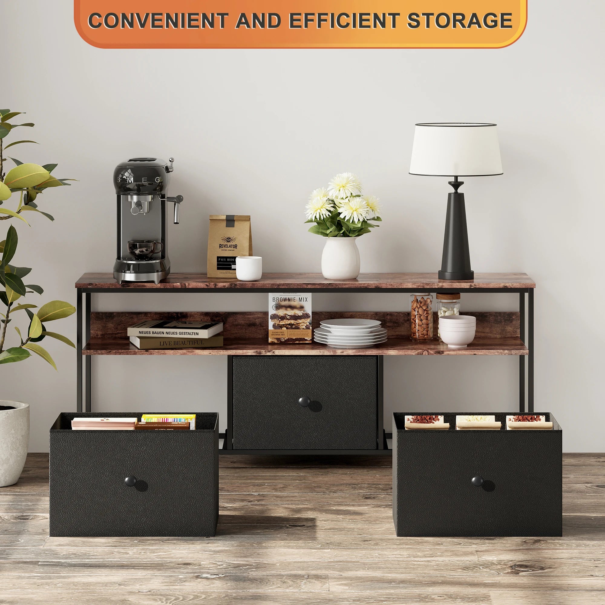 ТВ шкаф Lazyspace с LED осветление, скрин с чекмеджета от плат, ретро нисък шкаф за съхранение, многофункционален за всекидневна