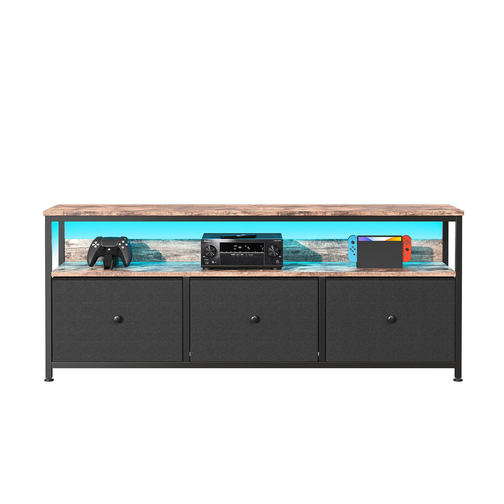 ТВ шкаф Lazyspace с LED осветление, скрин с чекмеджета от плат, ретро нисък шкаф за съхранение, многофункционален за всекидневна